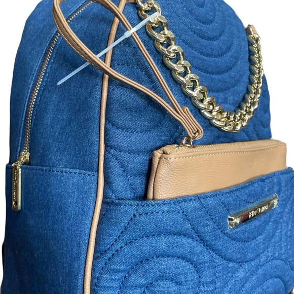 Betsy Johnson NWT Denim Blue Quilted Backpack with Small  Brown Purse (P034) - Picture 4 of 16